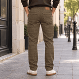 Prince of Wales-patterned khaki velvet pants