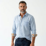 Chemise à manches longues homme bleu clair en lin BACK TO LEGEND