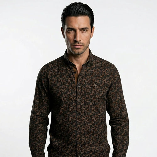 Chemise BACK TO LEGEND à manches longues noire à motif cachemire cuivre