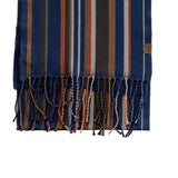 Écharpe bleu marine à franges et rayures multicolores