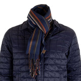 Écharpe bleu marine à franges et rayures multicolores