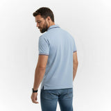 Polo homme bleu ciel à col rayé contrasté et coupe ajustée BACK TO LEGEND (vue de dos)