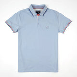 Polo homme bleu ciel à col rayé contrasté et coupe ajustée BACK TO LEGEND (vêtement à plat de face)