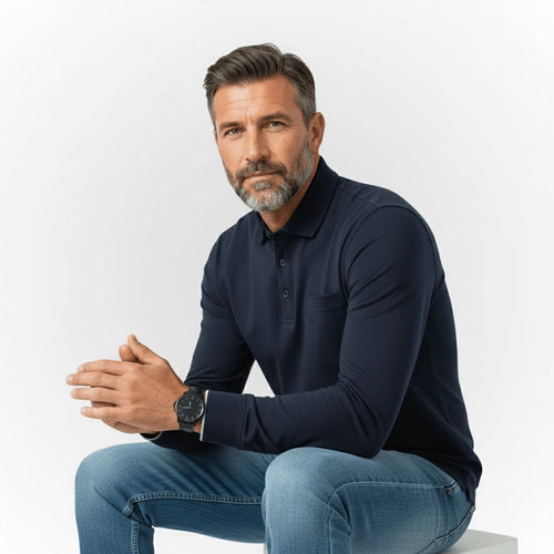 Polo homme bleu marine à manches longues 100% coton mercerisé