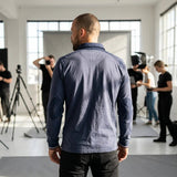 Polo homme BACK TO LEGEND à manches longues bleu et coudières ton sur ton