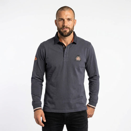 Polo homme BACK TO LEGEND à manches longues bleu et coudières ton sur ton