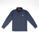 Polo homme BACK TO LEGEND à manches longues bleu et coudières ton sur ton (vêtement de face)