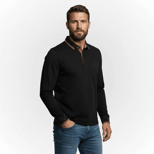 Polo noir manches longues brodé d'un ballon de rugby BACK to LEGEND