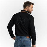 Polo noir manches longues brodé d'un ballon de rugby BACK to LEGEND