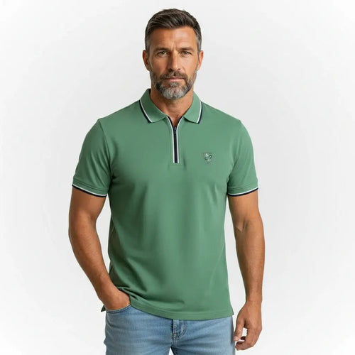 Polo homme vert au col rayé contrasté BACK to LEGEND