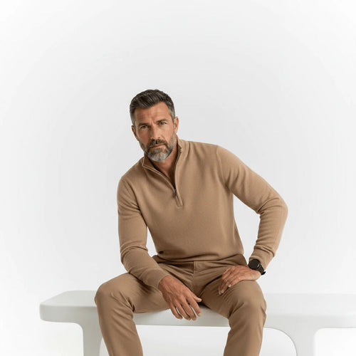 Pull col camionneur beige clair en coton et cachemire pour homme BACK TO LEGEND