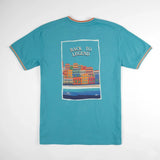 T-shirt bleu turquoise col V pour homme BACK to LEGEND (vêtement à plat de dos)