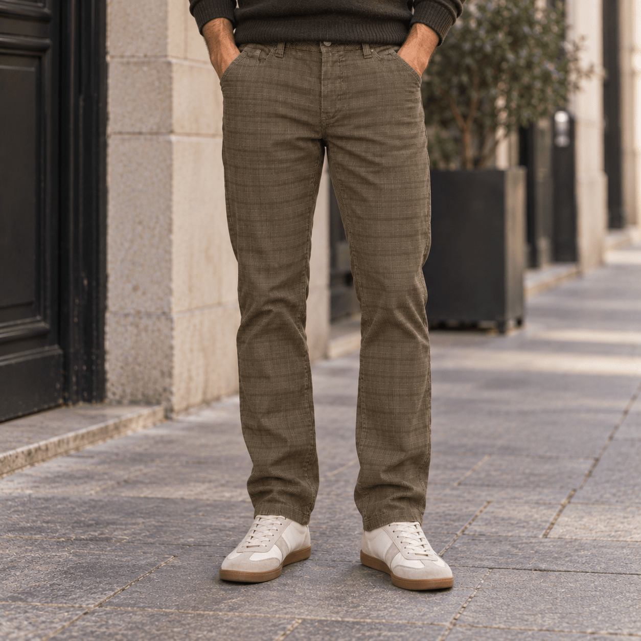 Prince of Wales-patterned khaki velvet pants