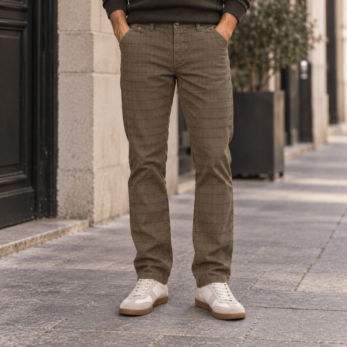 Prince of Wales-patterned khaki velvet pants