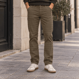 Prince of Wales-patterned khaki velvet pants