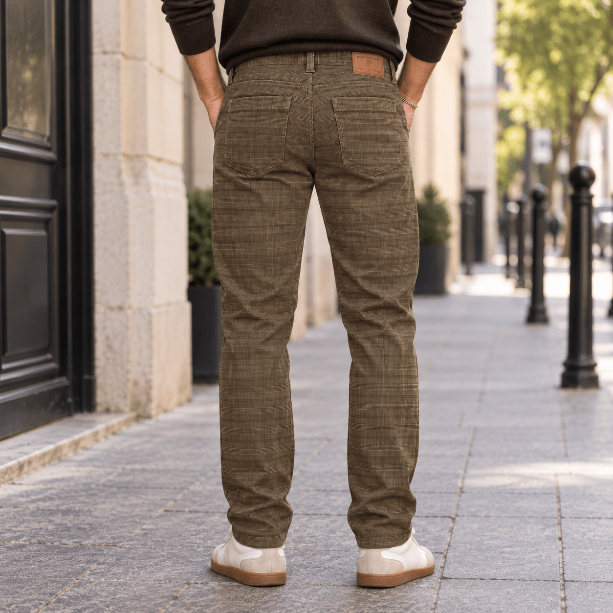 Prince of Wales-patterned khaki velvet pants