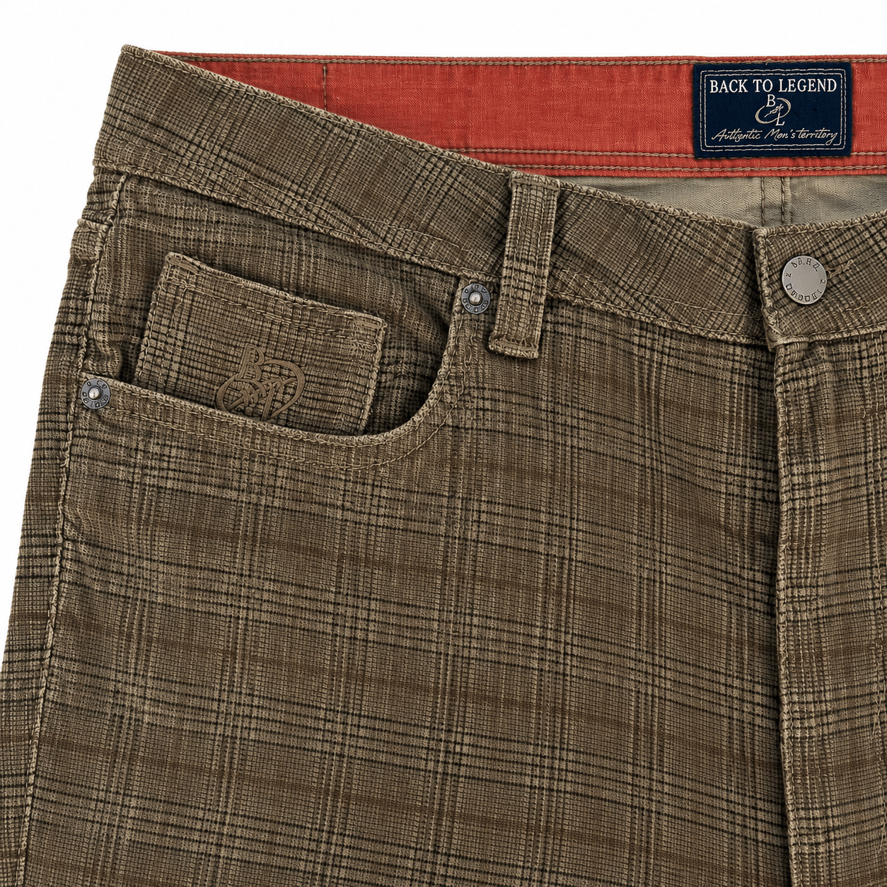 Prince of Wales-patterned khaki velvet pants