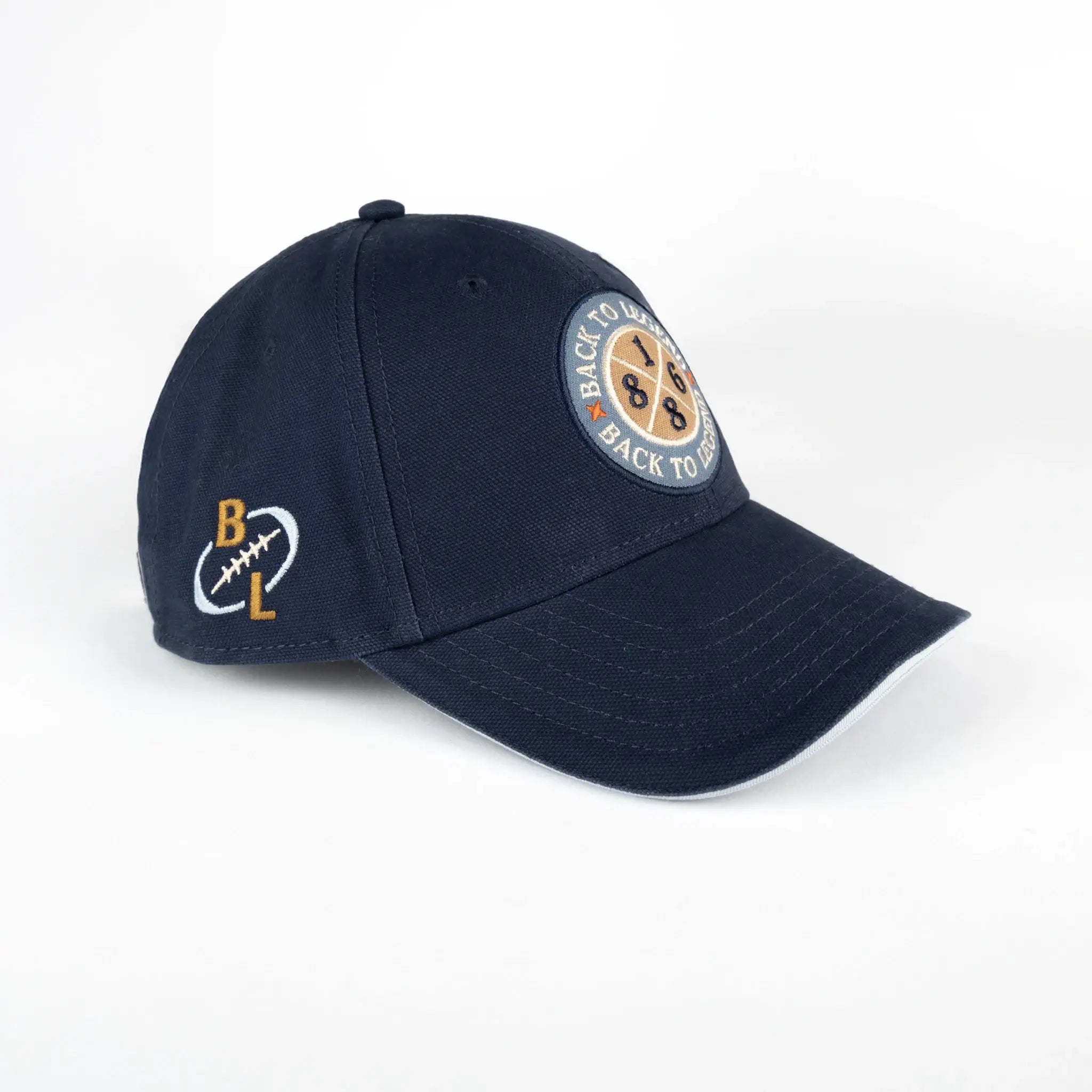Casquette bleue en twill de coton BACK TO LEGEND (vue de 3/4 face)