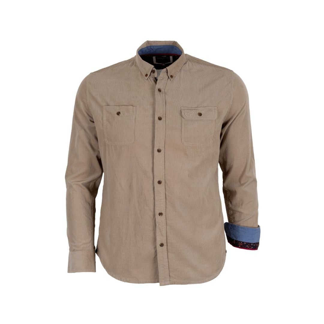 Chemise beige à manches longues en velours côtelé (vue de face)