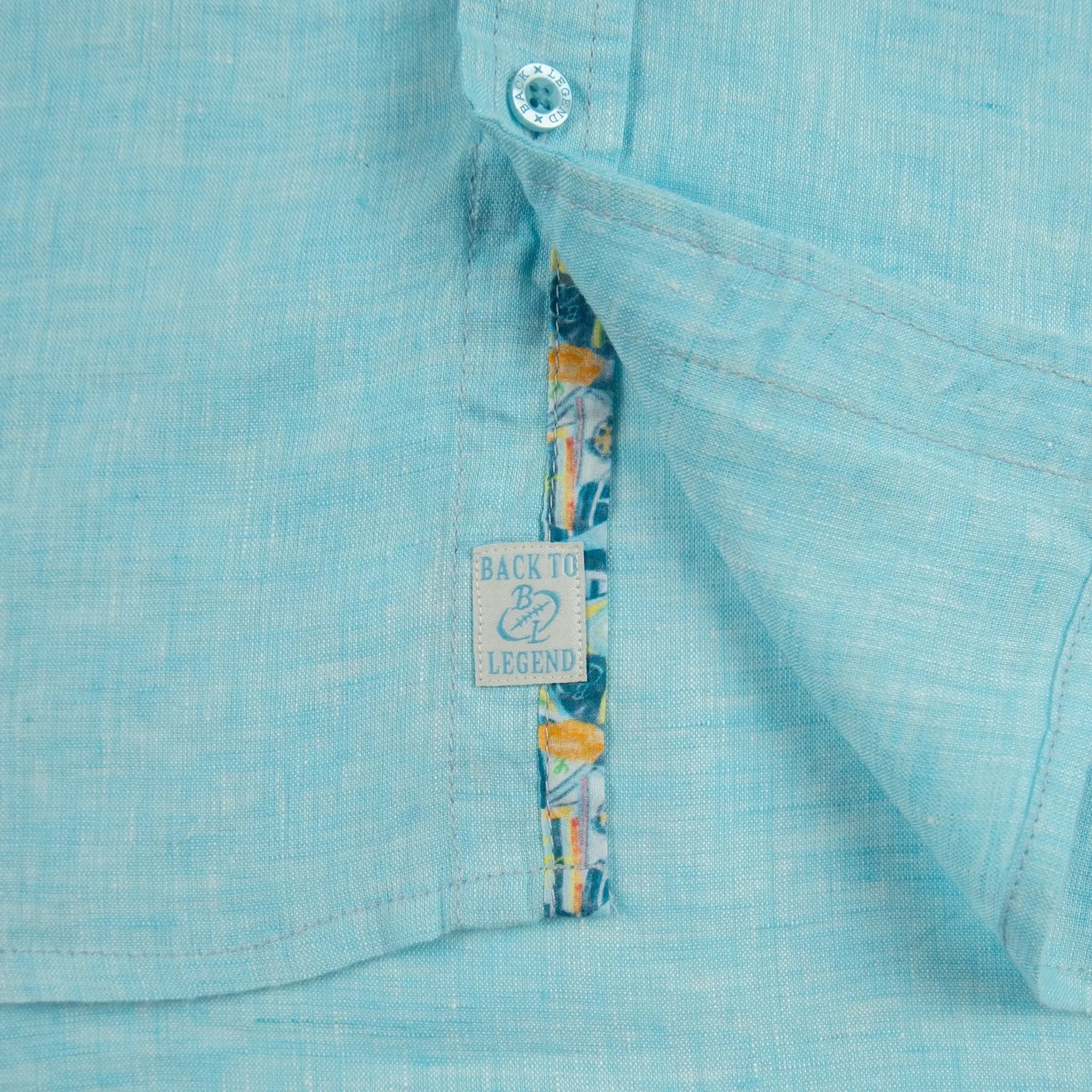 Chemise homme bleu turquoise 100% lin BACK to LEGEND (zoom bas de vêtement)