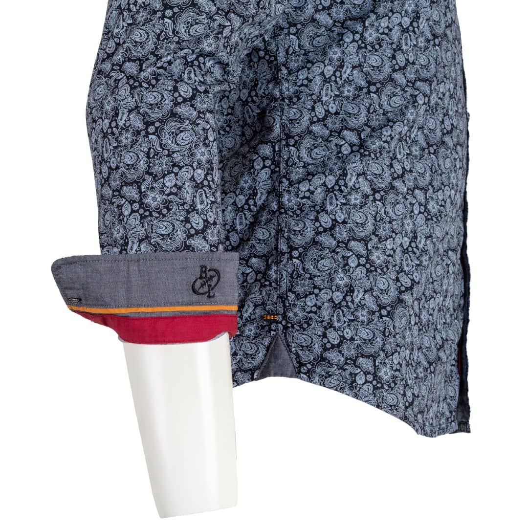 Chemise à manches longues homme grise en popline florale (zoom revers de manche)