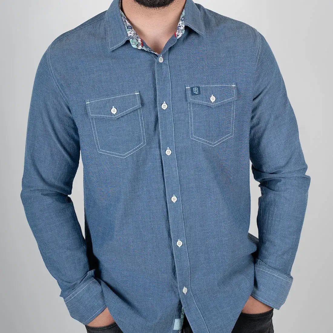 Chemise à manches longues homme bleu moyen en chambray 