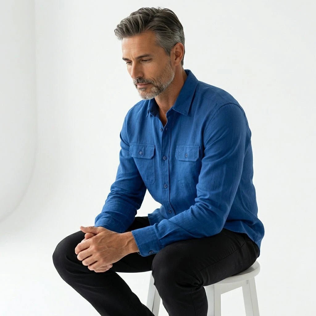 Chemise bleue à manches longues homme en lin BACK to LEGEND