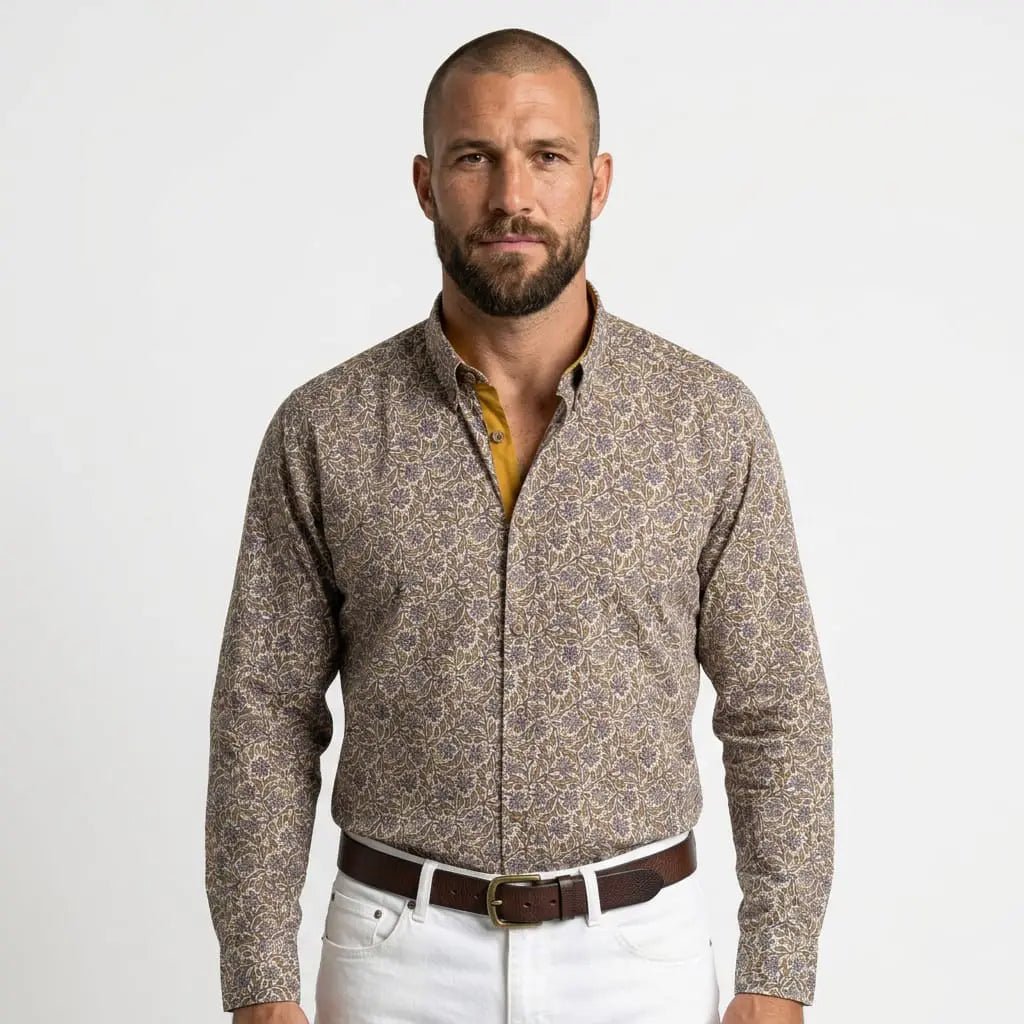 Chemise homme blanche à motif floral en voile de coton BACK TO LEGEND