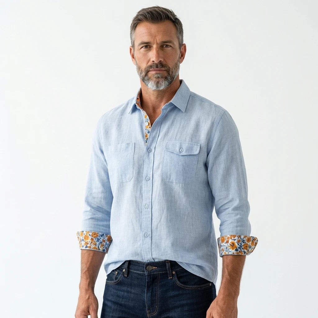 Chemise à manches longues homme bleu clair en lin BACK TO LEGEND