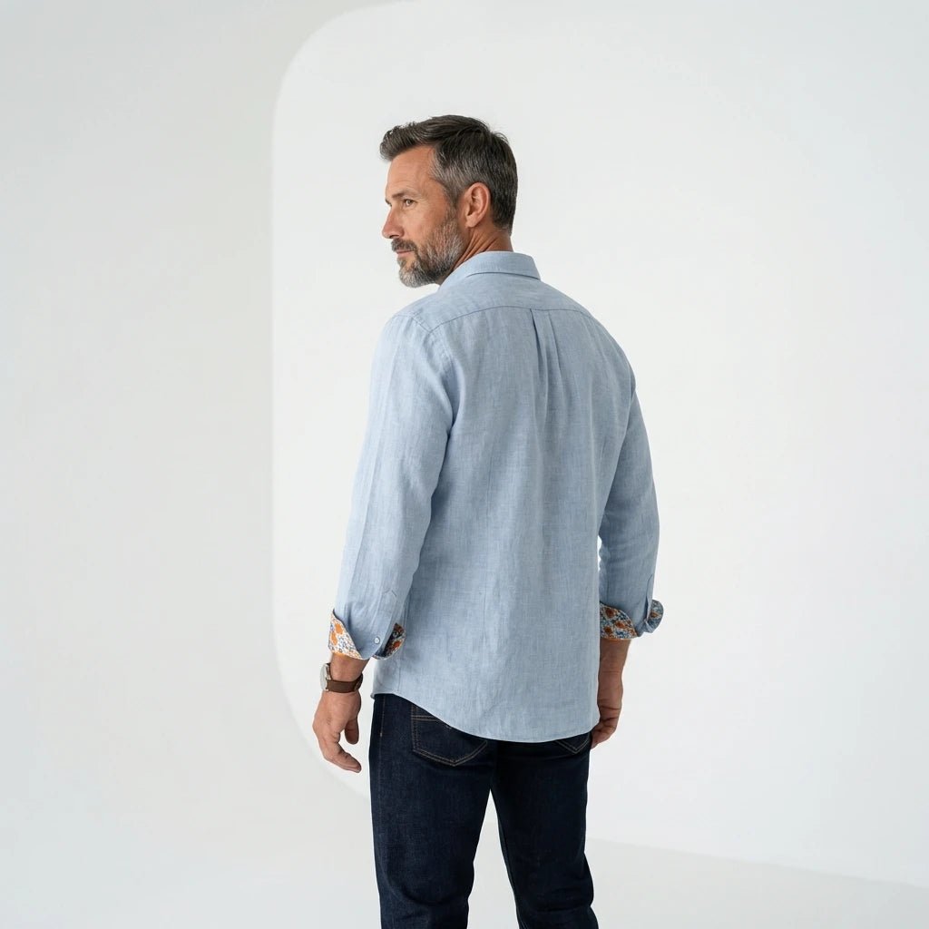 Chemise à manches longues homme bleu clair en lin BACK TO LEGEND (vue de dos)