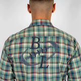 Chemise manches longues à carreaux verts et bleus BACK to LEGEND (vue broderie dorsale)