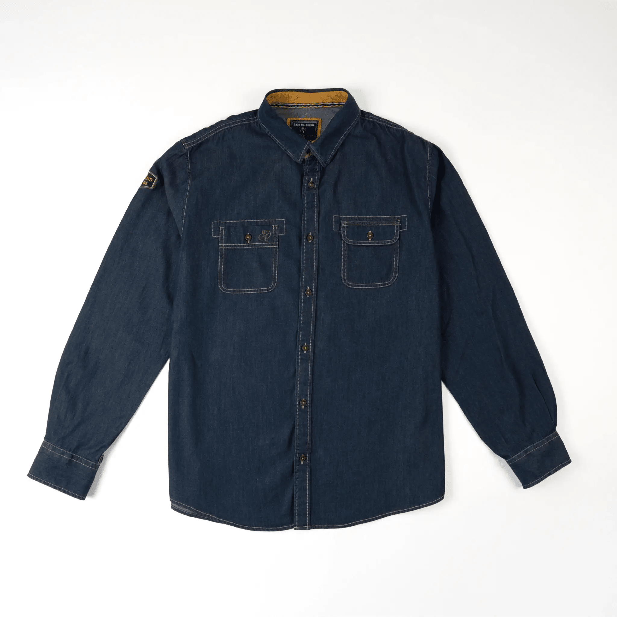 Chemise BACK TO LEGEND à manches longues en jean bleu denim foncé (vêtement à plat de face)
