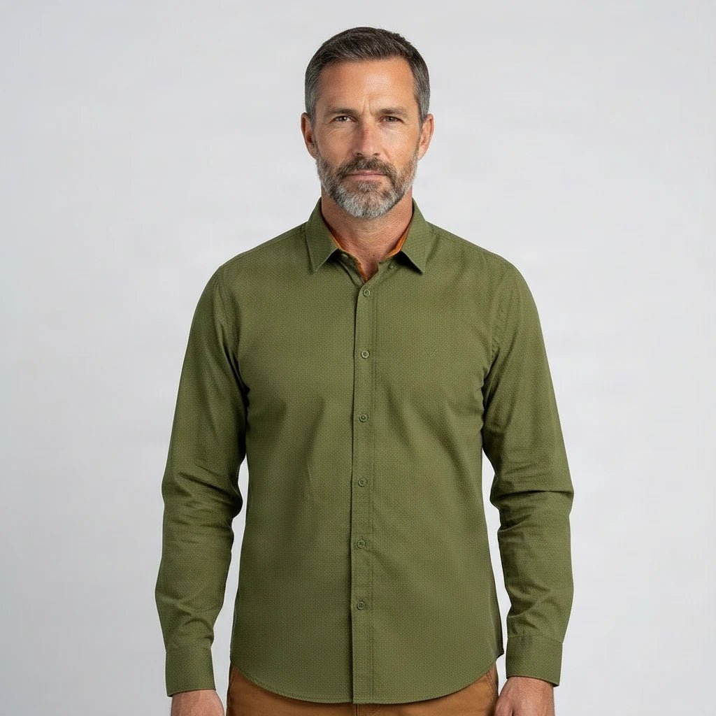 Chemise à manches longues BACK TO LEGEND kaki et micro-motif pour homme