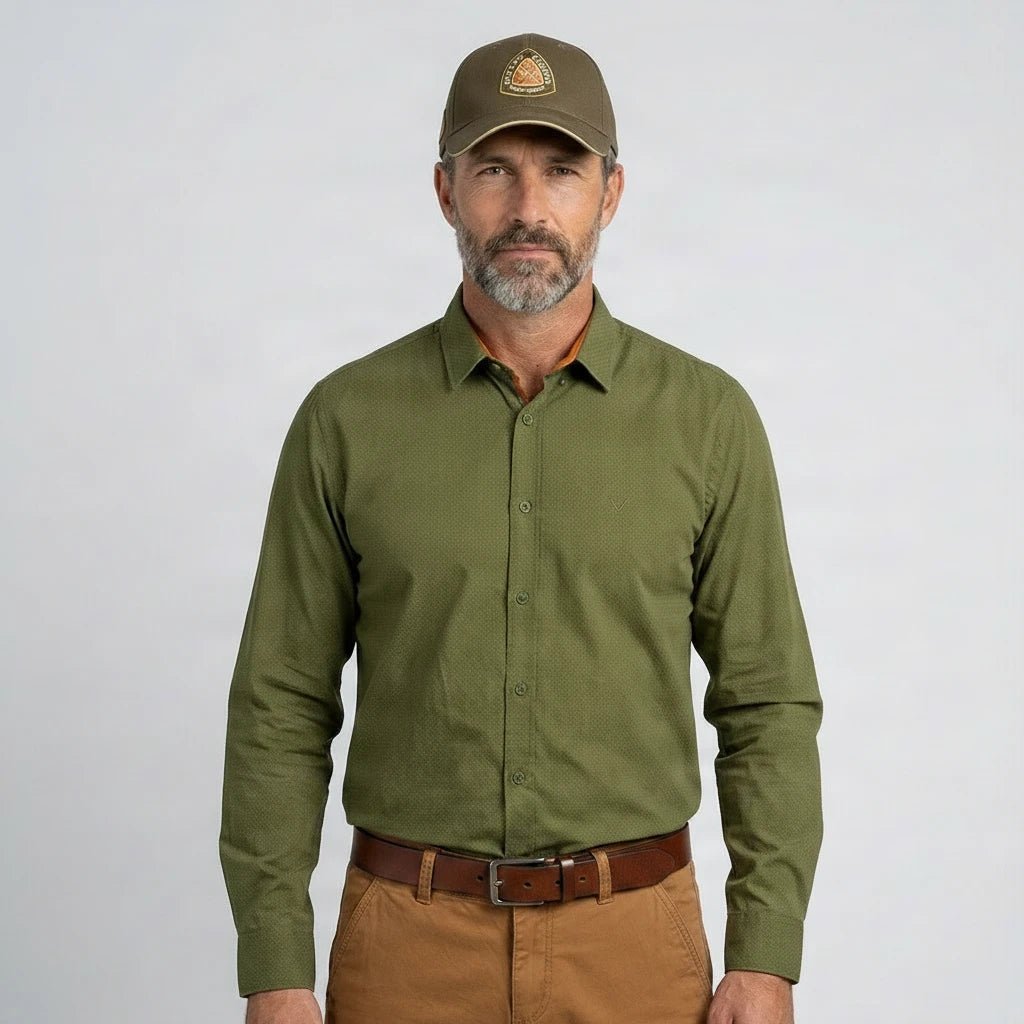 Chemise à manches longues BACK TO LEGEND kaki et micro-motif pour homme