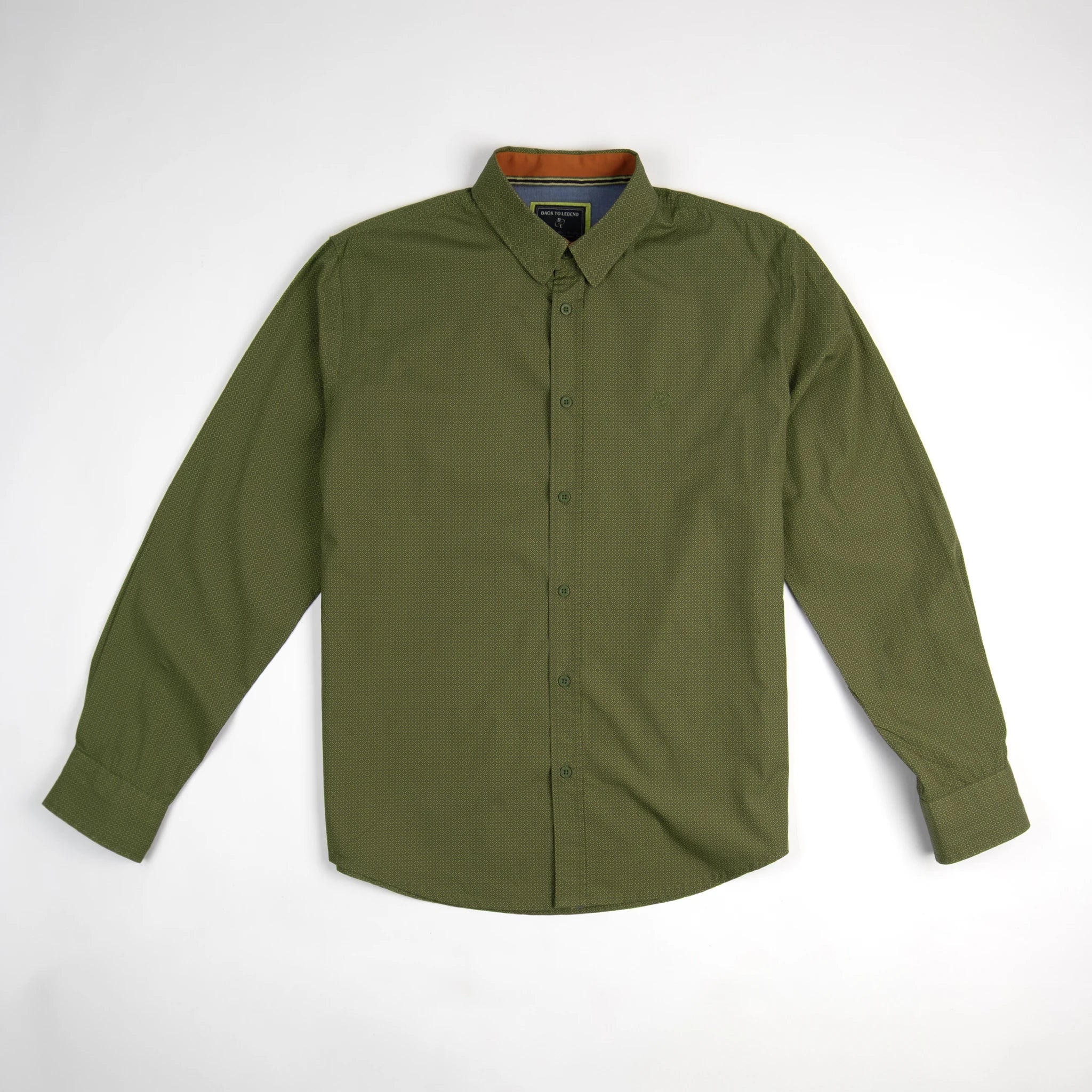 Chemise à manches longues BACK TO LEGEND kaki et micro-motif pour homme (vêtement à plat de face)