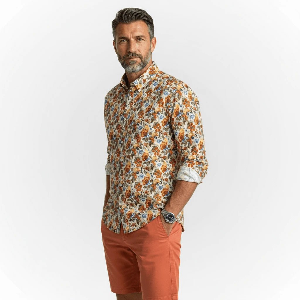 Chemise homme à manches longues légère à motif floral orange BACK TO LEGEND