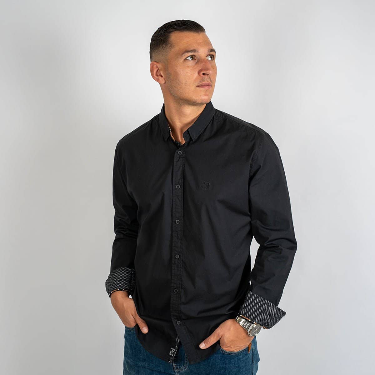 Chemise noire à manches longues en popline pour Homme