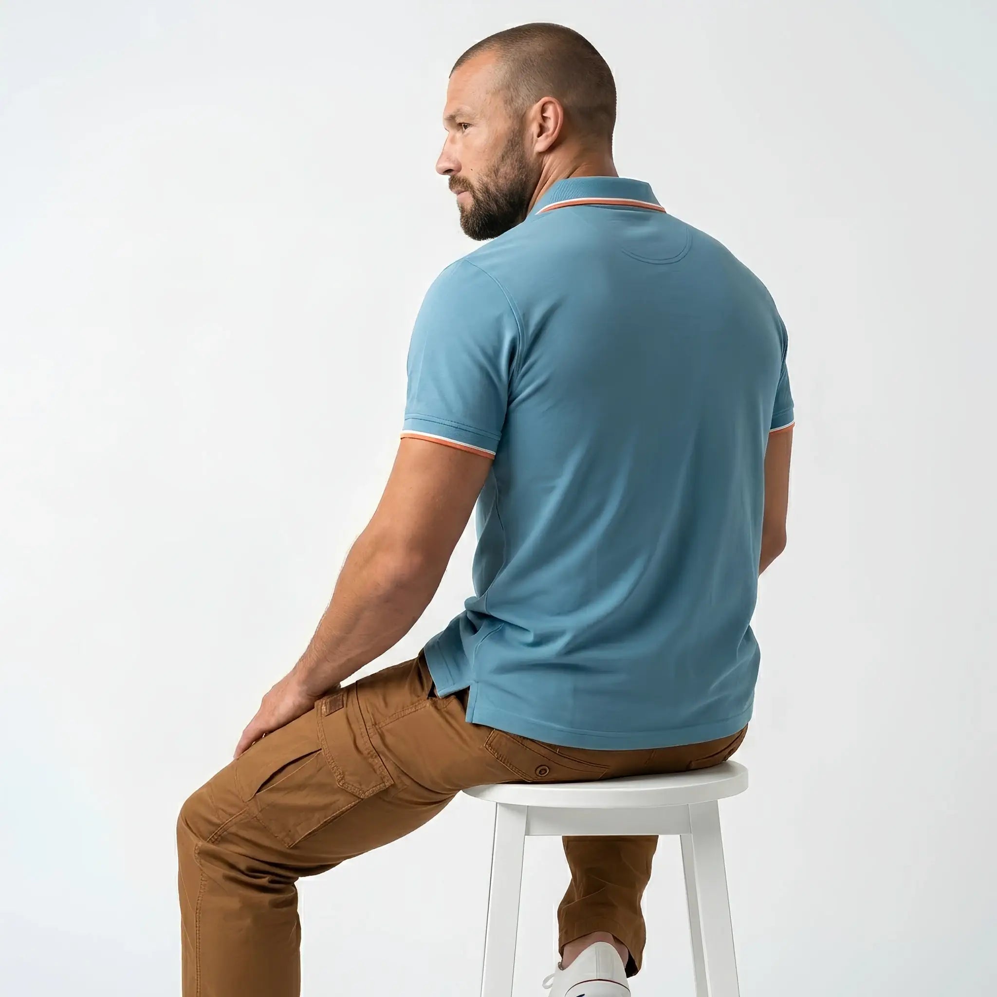 Polo homme bleu turquoise au col rayé contrasté BACK to LEGEND (vue de dos)