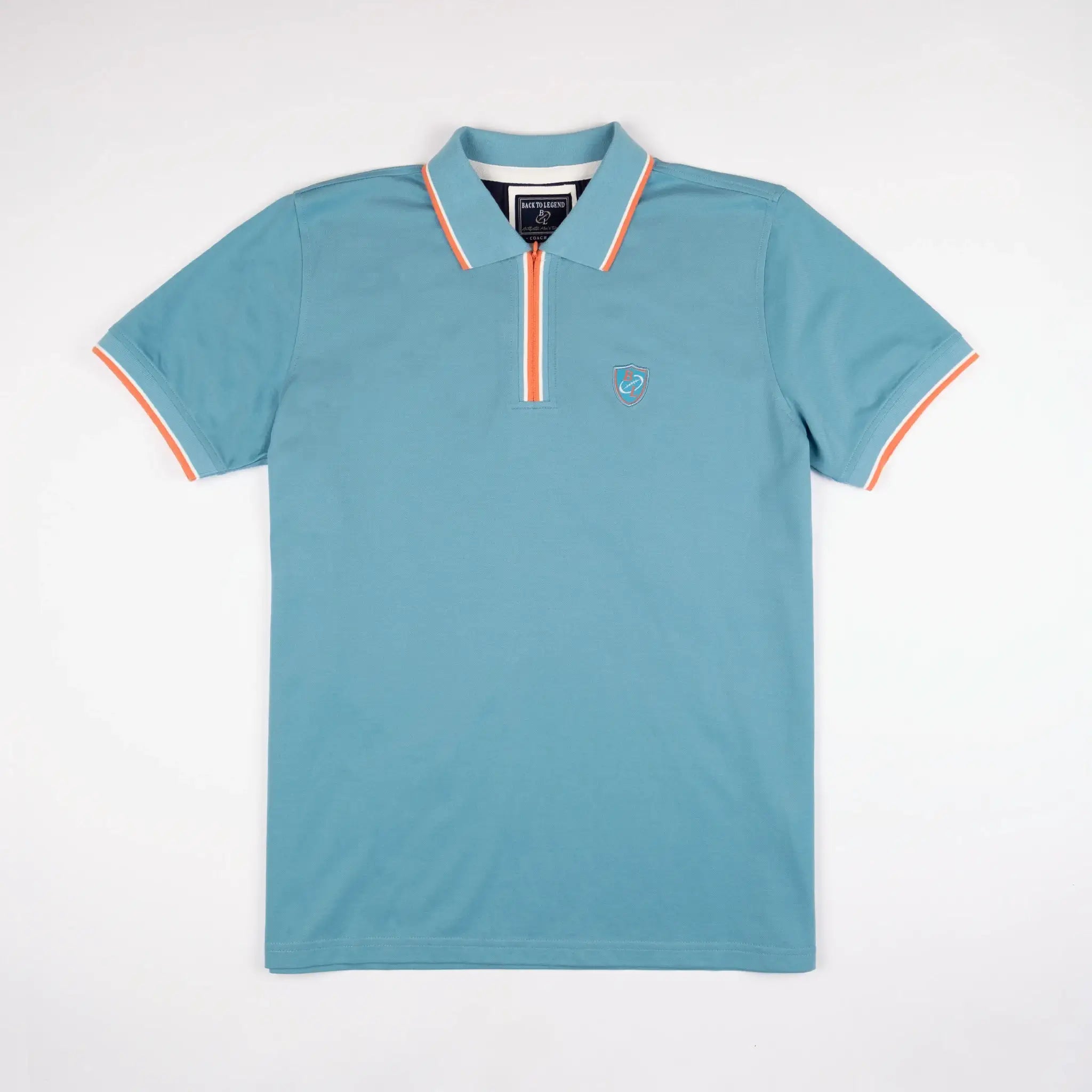 Polo homme bleu turquoise au col rayé contrasté BACK to LEGEND (vue de face)