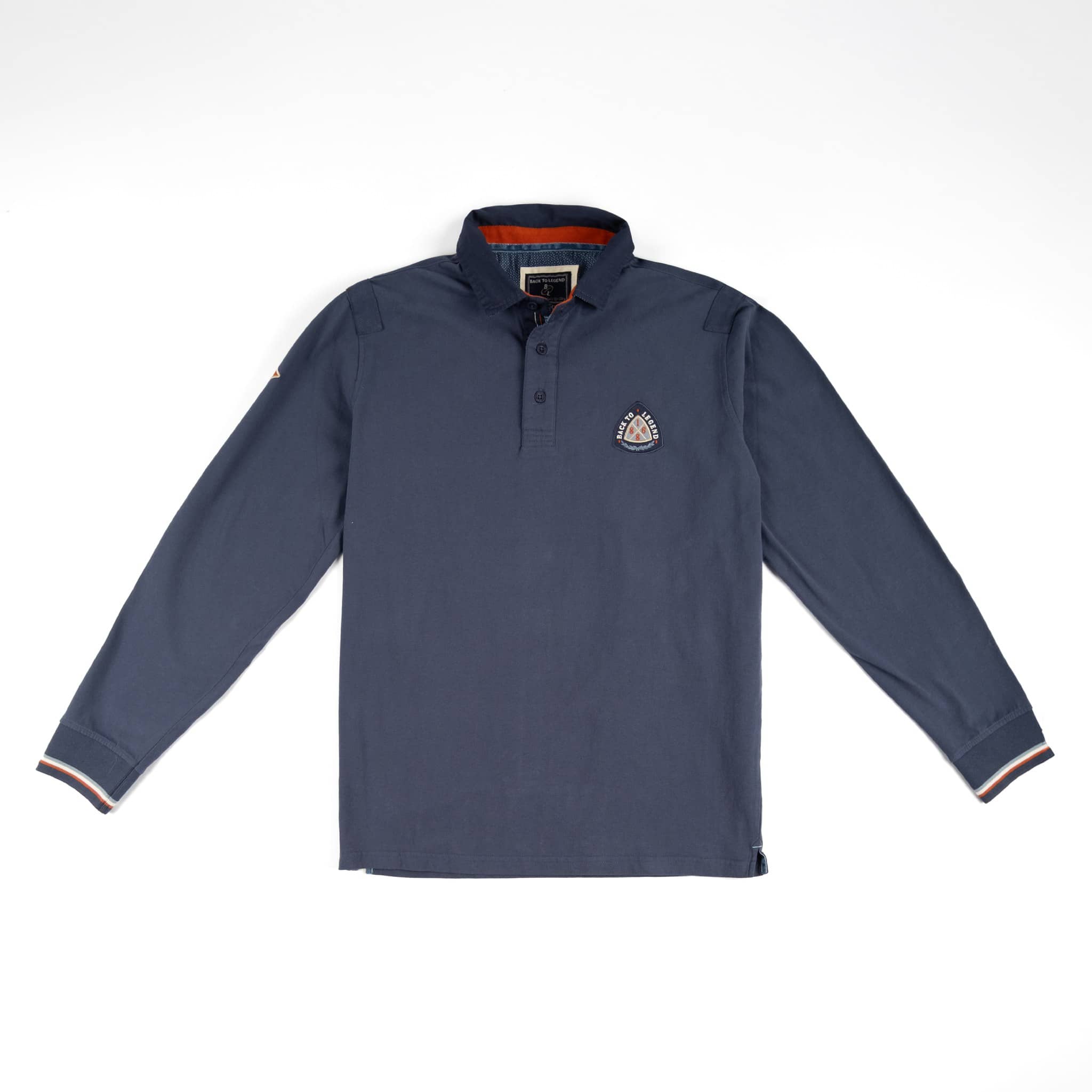 Polo homme BACK TO LEGEND à manches longues bleu et coudières ton sur ton (vêtement de face)