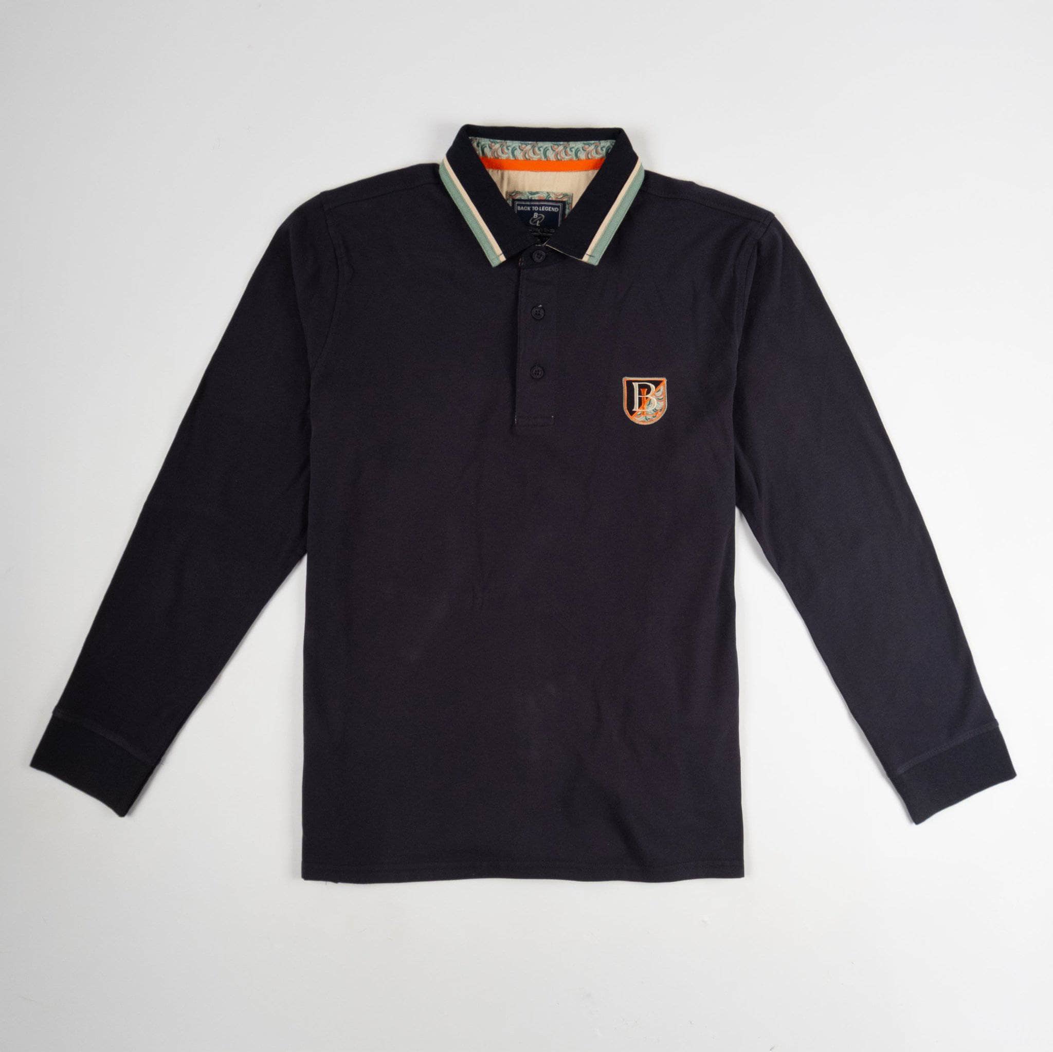 Polo homme BACK TO LEGEND à manches longues homme bleu marine toucher peau de pêche (polo à plat de face)