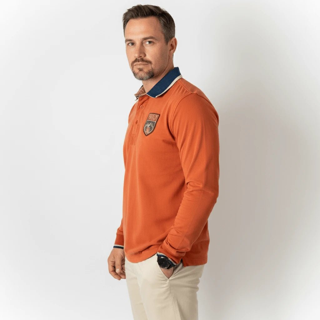 Polo manches longues orange col contrasté BACK to LEGEND (vue de profil)