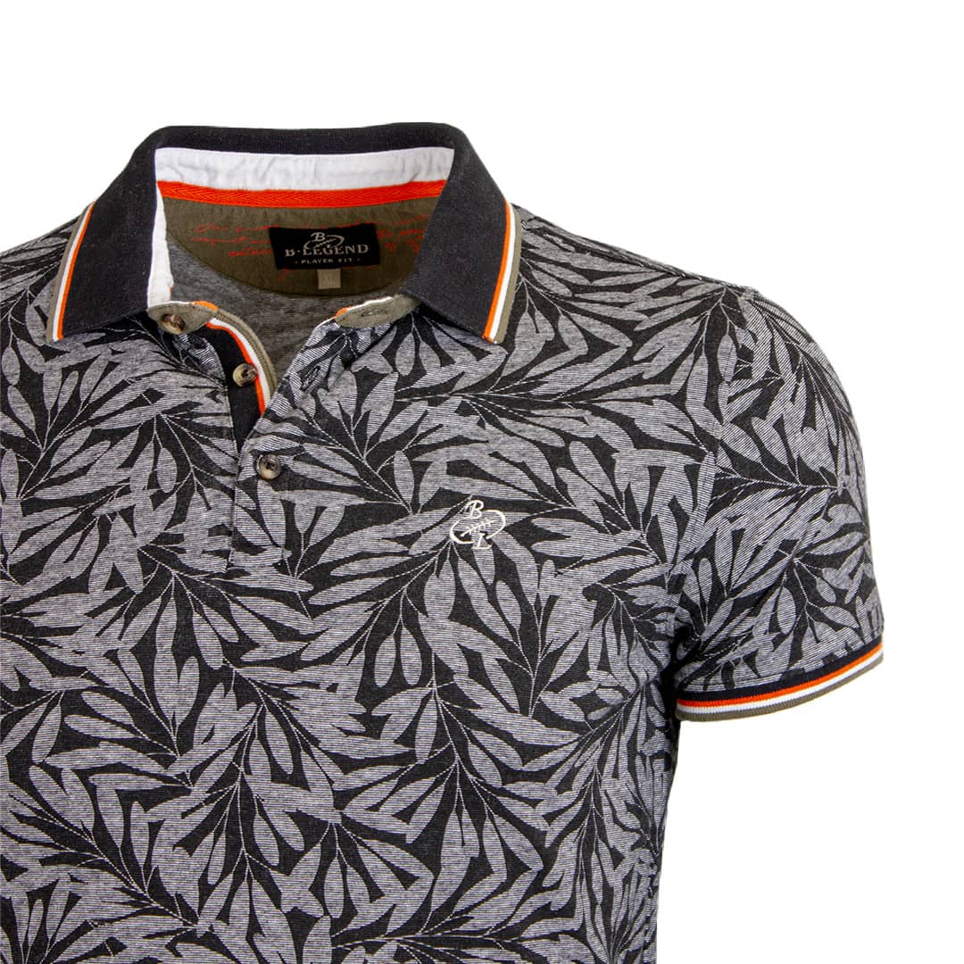 Polo noir imprimé feuilles tropicales Blacks Legend (Zoom poitrine)