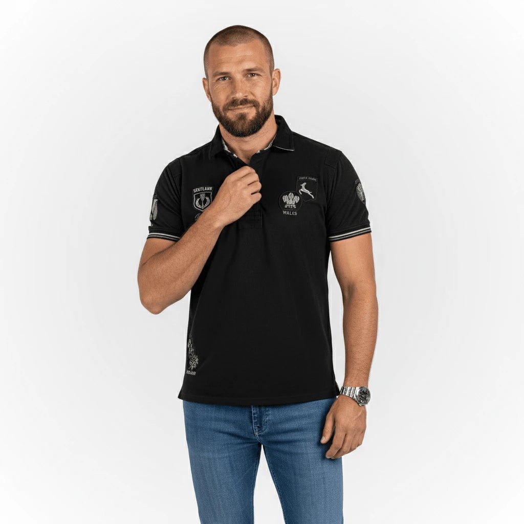 Polo noir à manches courtes multi badge Barbarians BACK to LEGEND