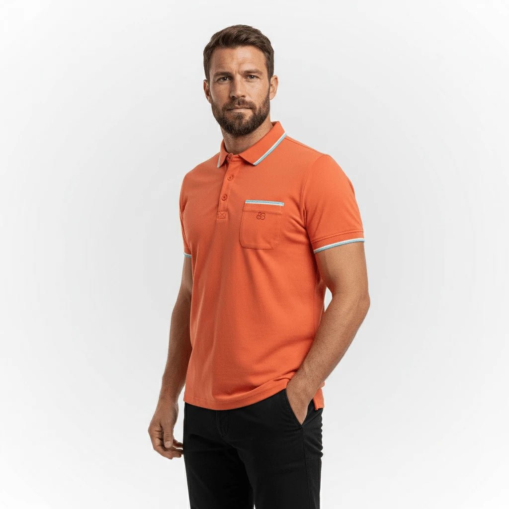 Polo homme orange col rayé et poche poitrine BACK to LEGEND