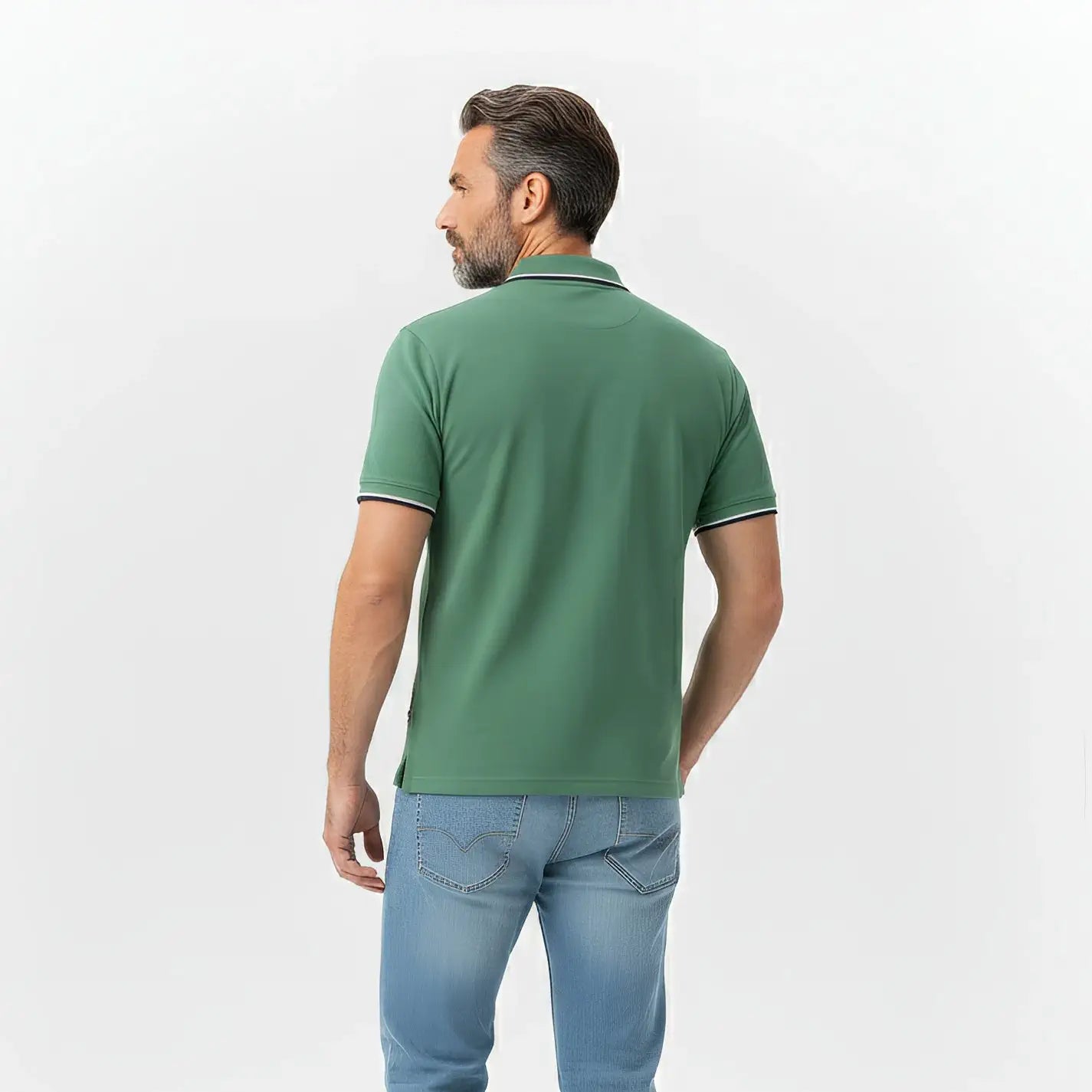 Polo homme vert au col rayé contrasté BACK to LEGEND (vue de dos)