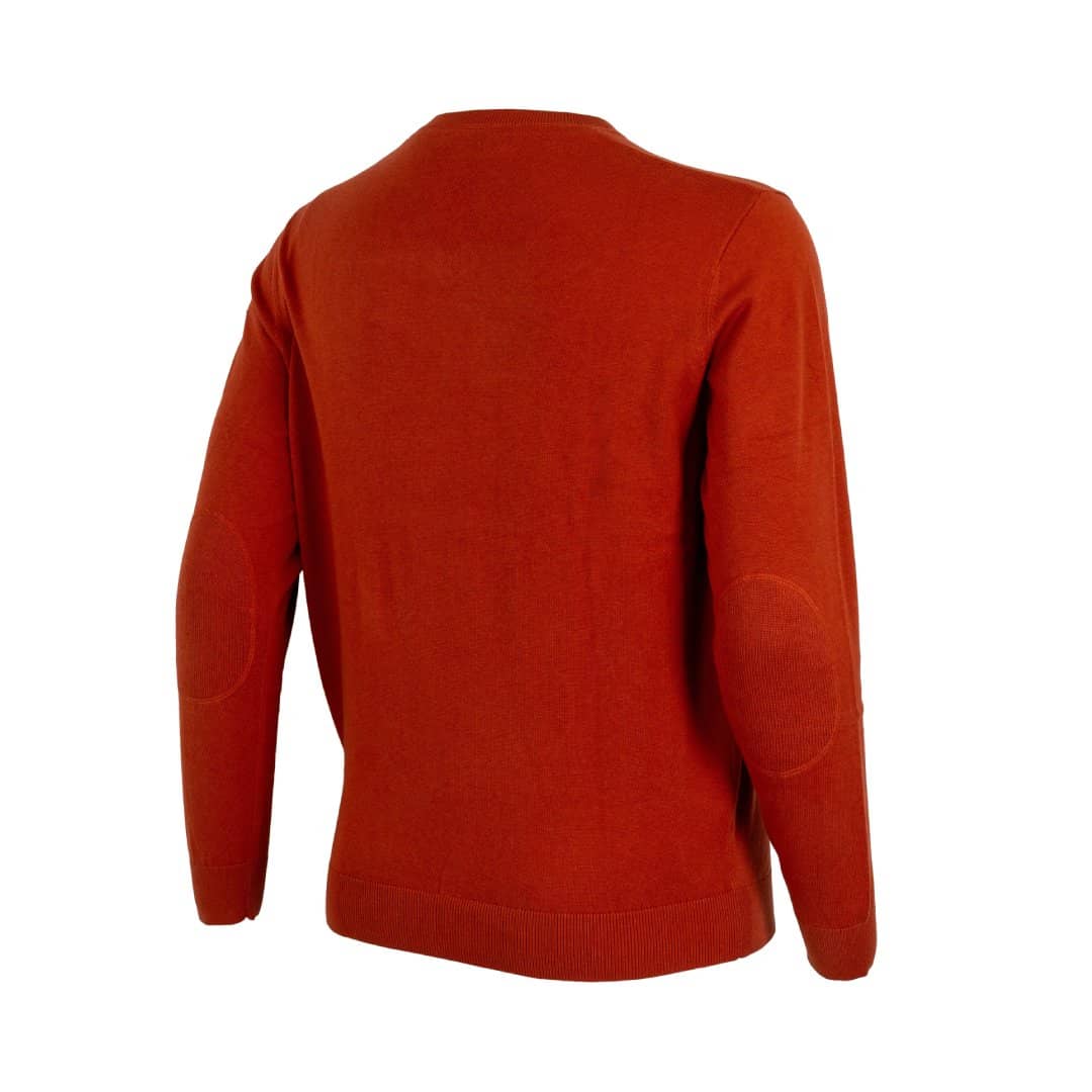 Pull homme orange col v en coton et cachemire (vue de 3/4 dos)