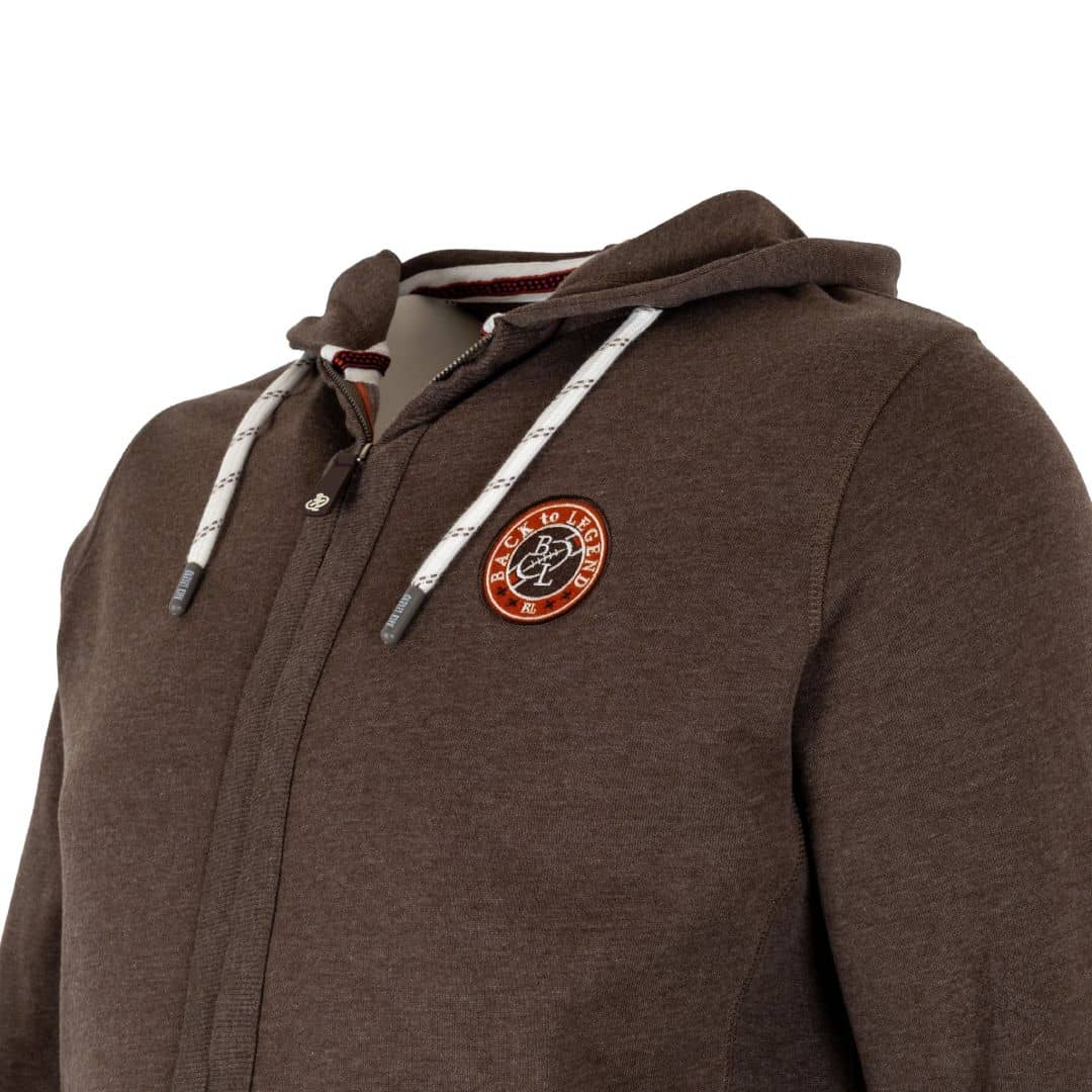 Sweat à capuche zippé marron (vue de profil, épaule)