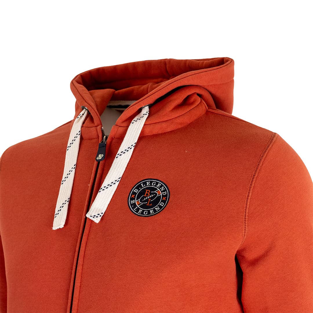 Sweat à capuche zippé orange BACK to LEGEND (zoom poitrine et capuche)