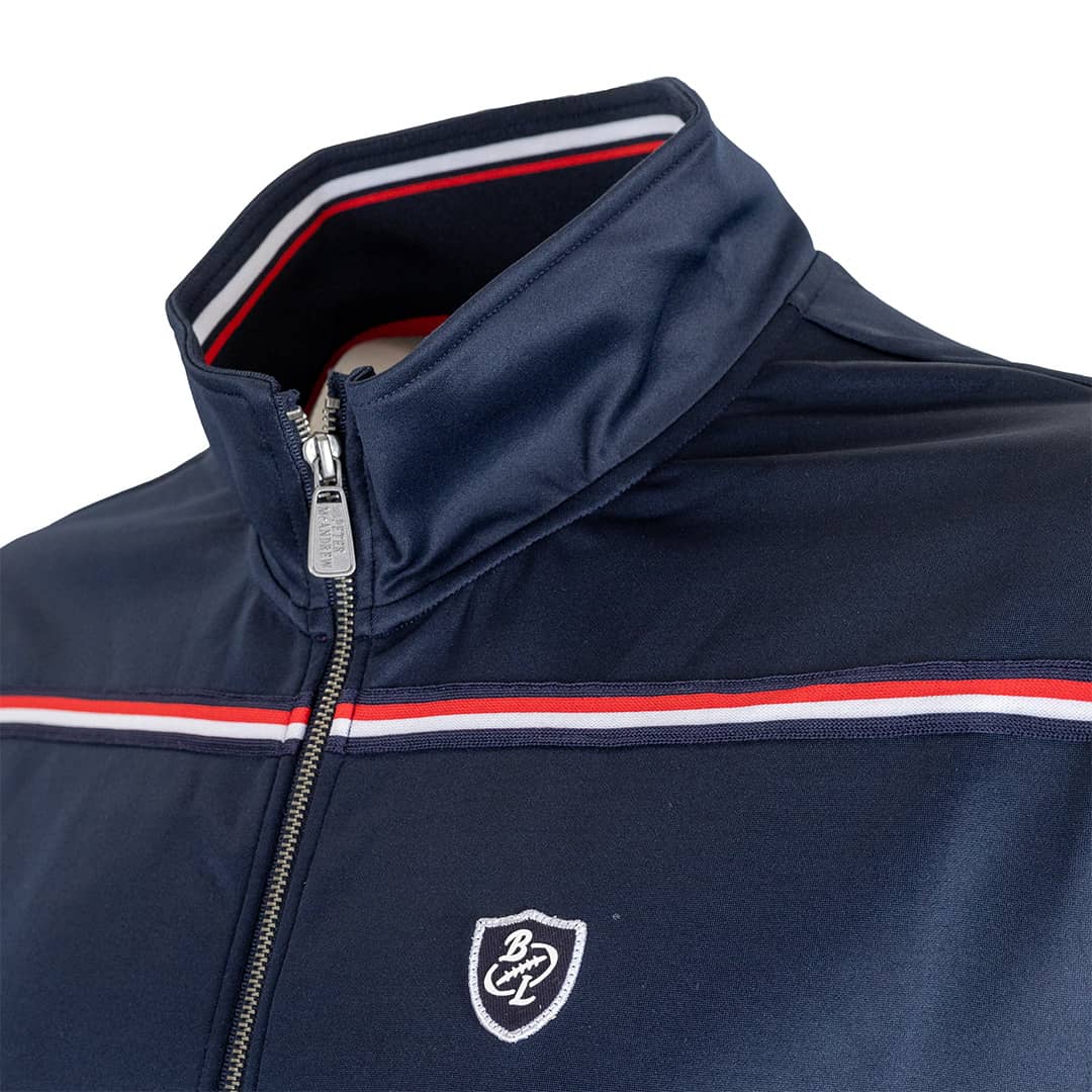 Sweat zippé bleu marine à col montant (zoom col et zip de fermeture)